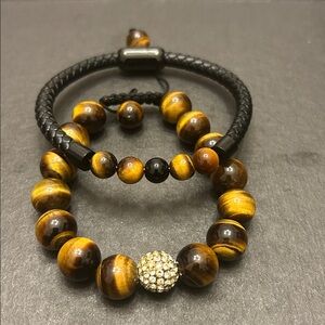 Tiger Eye Beaded Bracelet Set with Black Leather
